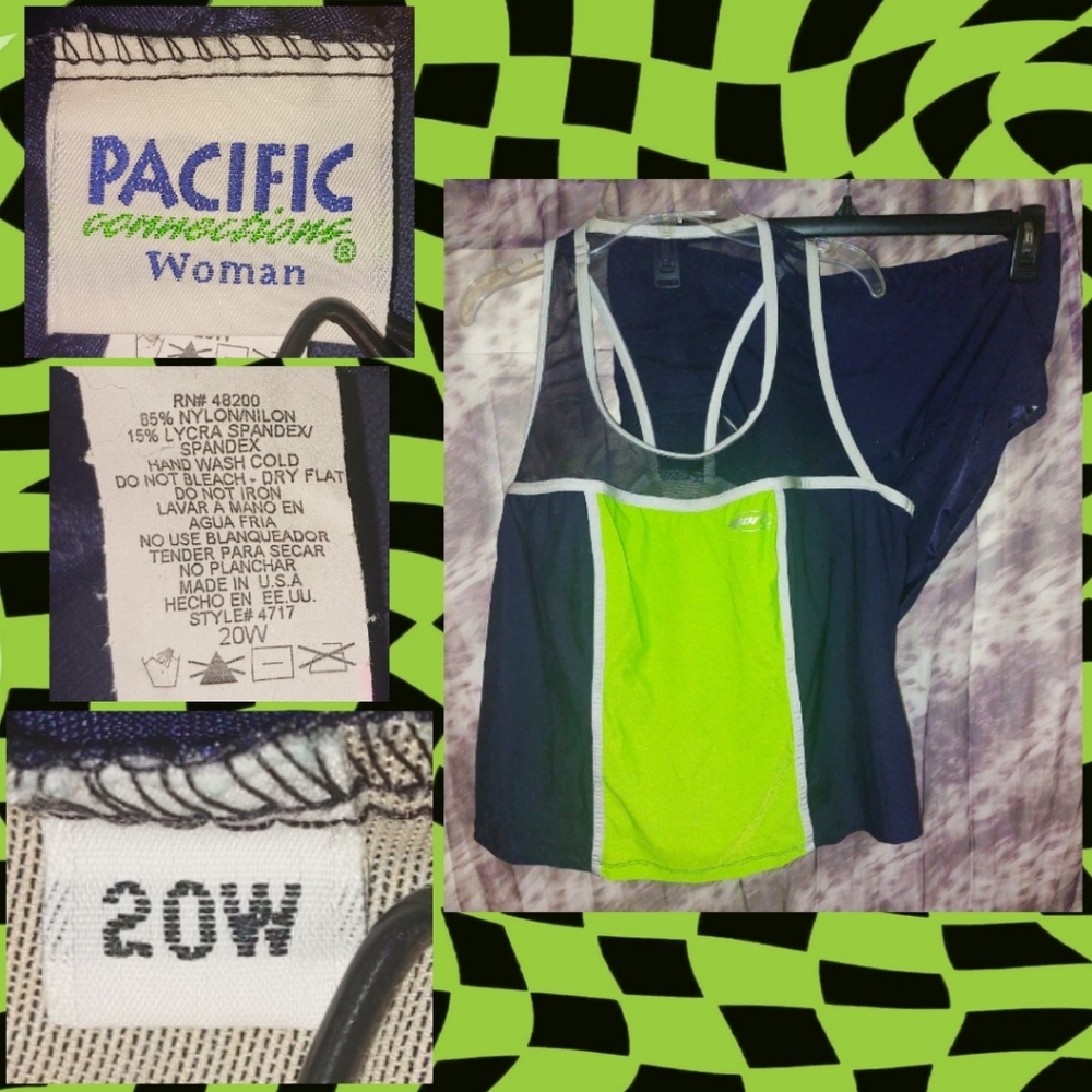 Pacific Connections 2Pc Navy & Neon Green Colorblock Swim Tankini & Bottom 20W